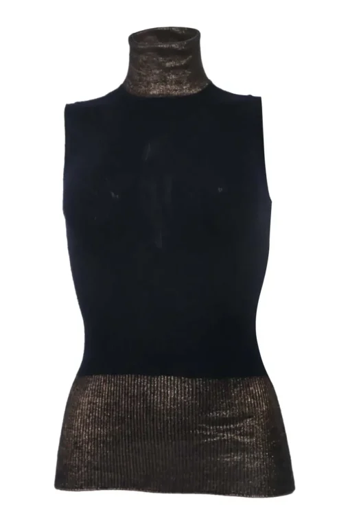 Navy and copper cashmere-blend foiled turtleneck sleeveless knit top
