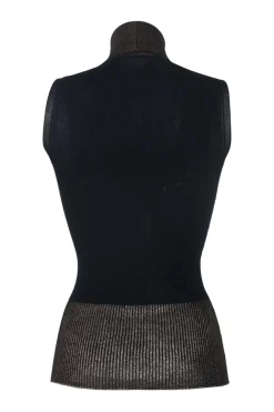 Navy and copper cashmere-blend foiled turtleneck sleeveless knit top