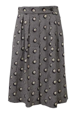 Navy and cream wool-blend pull-on pleat-front wide-leg culottes with extended tab closure featuring novelty pearl motif
