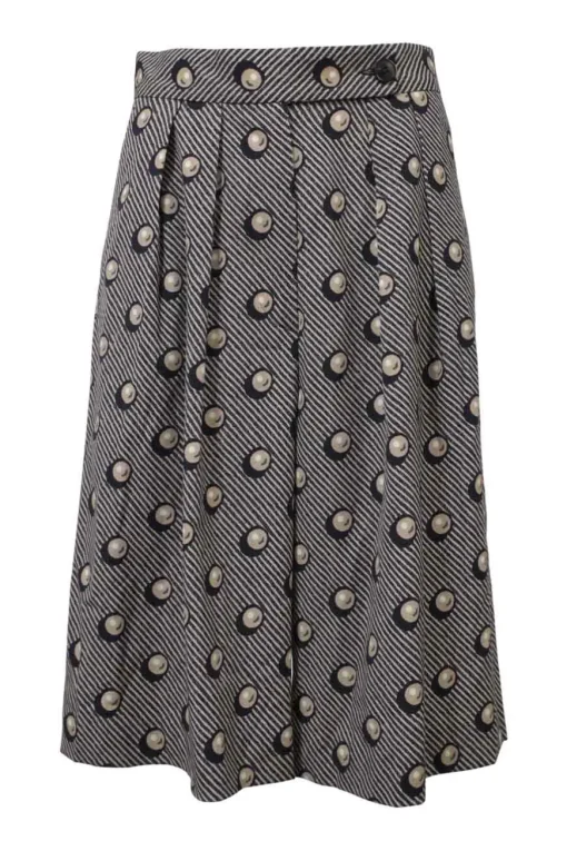 Navy and cream wool-blend pull-on pleat-front wide-leg culottes with extended tab closure featuring novelty pearl motif