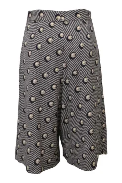 Navy and cream wool-blend pull-on pleat-front wide-leg culottes with extended tab closure featuring novelty pearl motif