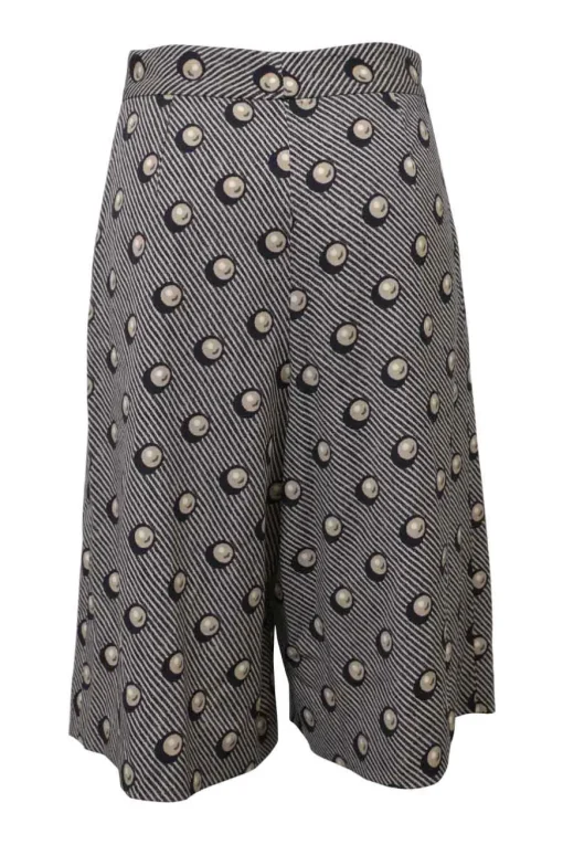 Navy and cream wool-blend pull-on pleat-front wide-leg culottes with extended tab closure featuring novelty pearl motif
