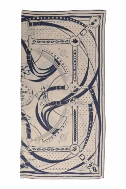 Navy and ecru cashmere-silk blend 'La Promenade du Matin' print square scarf featuring original artwork by Henri d'Origny