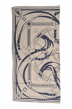 Navy and ecru cashmere-silk blend 'La Promenade du Matin' print square scarf featuring original artwork by Henri d'Origny