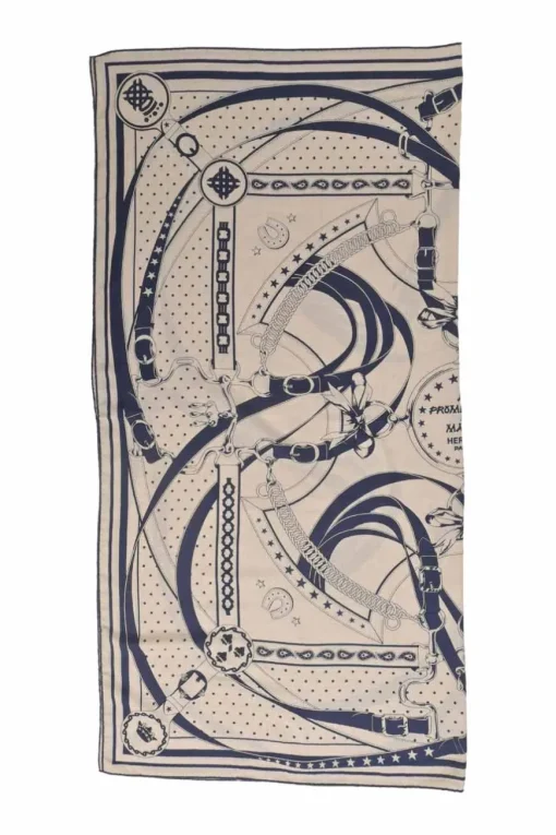 Navy and ecru cashmere-silk blend 'La Promenade du Matin' print square scarf featuring original artwork by Henri d'Origny