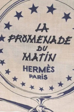 Navy and ecru cashmere-silk blend 'La Promenade du Matin' print square scarf featuring original artwork by Henri d'Origny