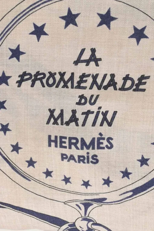 Navy and ecru cashmere-silk blend 'La Promenade du Matin' print square scarf featuring original artwork by Henri d'Origny