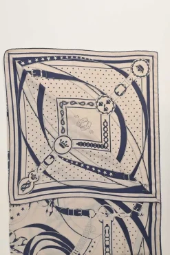 Navy and ecru cashmere-silk blend 'La Promenade du Matin' print square scarf featuring original artwork by Henri d'Origny