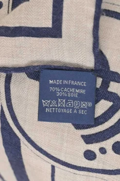 Navy and ecru cashmere-silk blend 'La Promenade du Matin' print square scarf featuring original artwork by Henri d'Origny