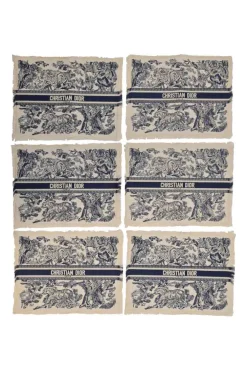 Navy and ecru cotton Sauvage toile de juoy fringe placemat six-piece set