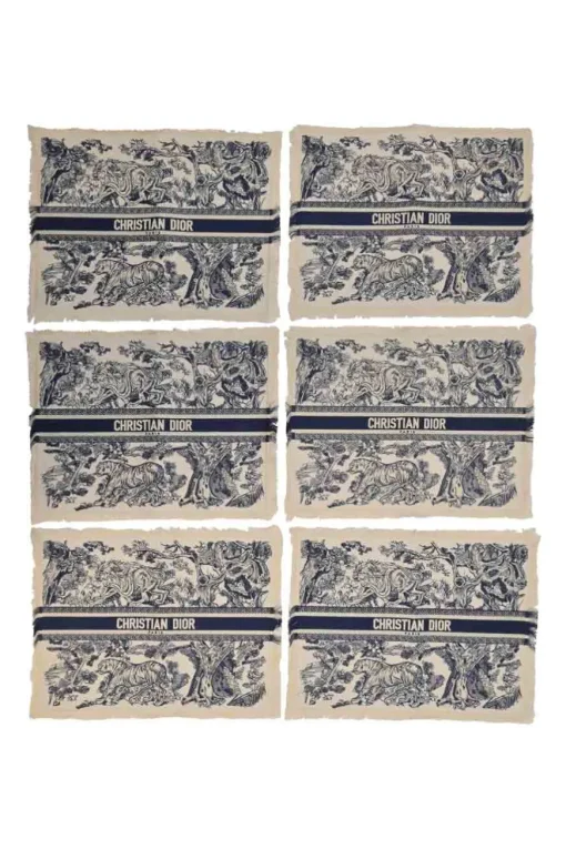 Navy and ecru cotton Sauvage toile de juoy fringe placemat six-piece set