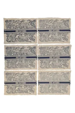 Navy and ecru cotton Sauvage toile de juoy fringe placemat six-piece set