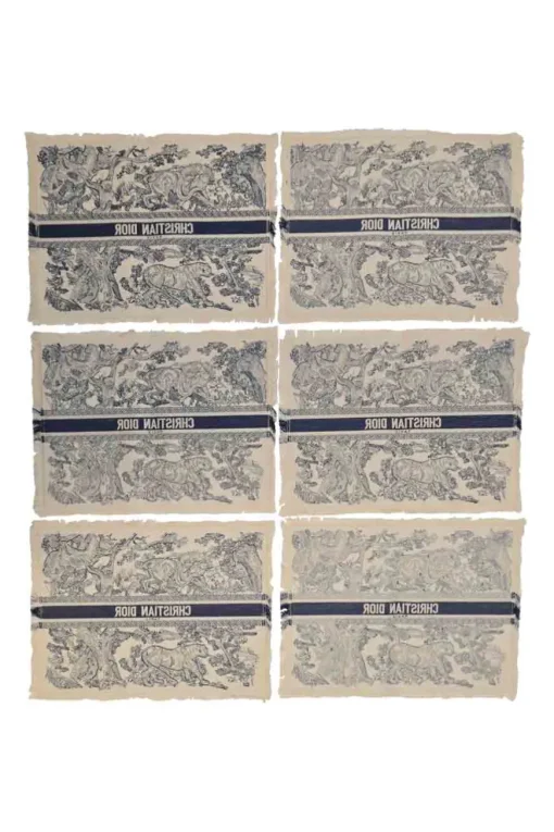 Navy and ecru cotton Sauvage toile de juoy fringe placemat six-piece set