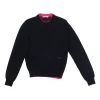 Navy and fluo pink paneled wool-blend logo broderie mock neck pullover sweater