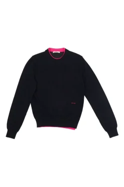 Navy and fluo pink paneled wool-blend logo broderie mock neck pullover sweater