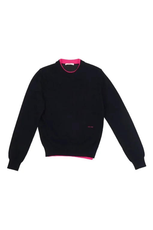 Navy and fluo pink paneled wool-blend logo broderie mock neck pullover sweater