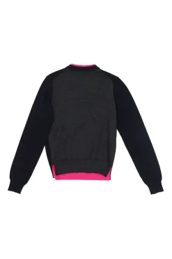 Navy and fluo pink paneled wool-blend logo broderie mock neck pullover sweater