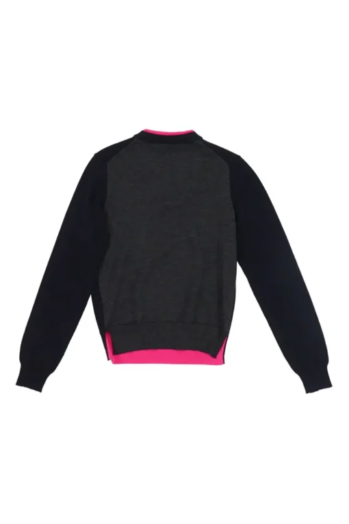Navy and fluo pink paneled wool-blend logo broderie mock neck pullover sweater