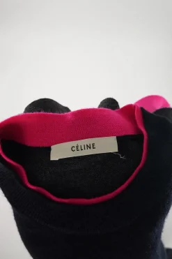 Navy and fluo pink paneled wool-blend logo broderie mock neck pullover sweater
