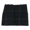 Navy and green plaid pull-on micro-mini skirt with unfinished raw edges and slanted smile pockets