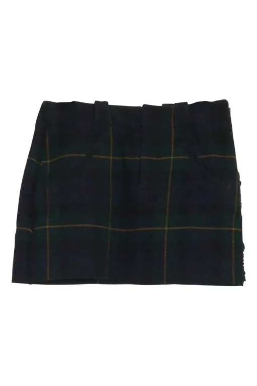 Navy and green plaid pull-on micro-mini skirt with unfinished raw edges and slanted smile pockets