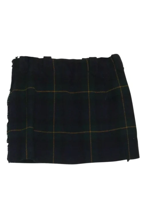 Navy and green plaid pull-on micro-mini skirt with unfinished raw edges and slanted smile pockets