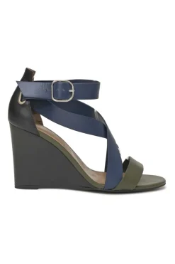 Navy and olive green leather round-toe criss-cross wedge sandals with buckle strap fastening