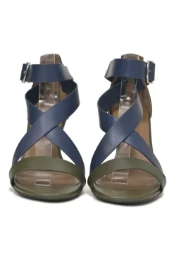 Navy and olive green leather round-toe criss-cross wedge sandals with buckle strap fastening