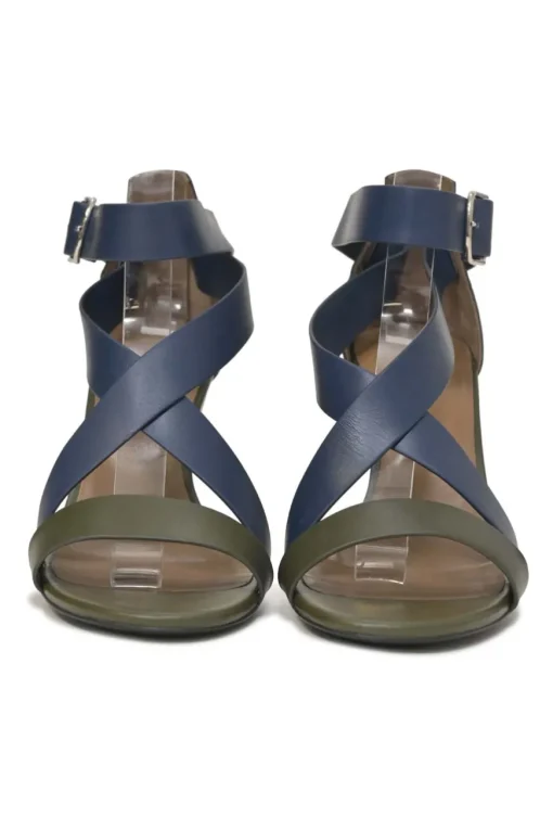 Navy and olive green leather round-toe criss-cross wedge sandals with buckle strap fastening