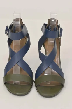 Navy and olive green leather round-toe criss-cross wedge sandals with buckle strap fastening