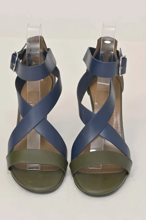 Navy and olive green leather round-toe criss-cross wedge sandals with buckle strap fastening