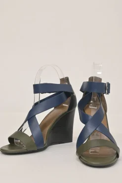 Navy and olive green leather round-toe criss-cross wedge sandals with buckle strap fastening