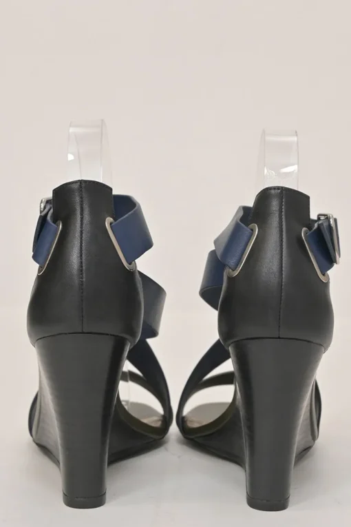 Navy and olive green leather round-toe criss-cross wedge sandals with buckle strap fastening
