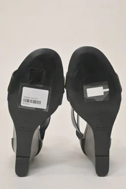 Navy and olive green leather round-toe criss-cross wedge sandals with buckle strap fastening
