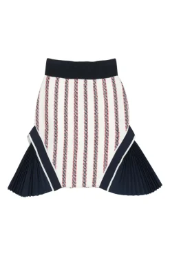 Navy and reed mixed-media acrylic-blend striped godet knee-length skirt with plissé inserts