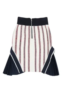 Navy and reed mixed-media acrylic-blend striped godet knee-length skirt with plissé inserts