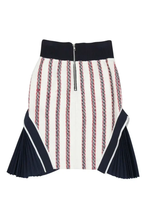 Navy and reed mixed-media acrylic-blend striped godet knee-length skirt with plissé inserts