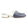 Navy and white quilted leather square-toe mules with beaded Coco Mark at vamp