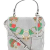 Navy and white stripe leather bag with gold-tone ornament and leather floral applique, comes with detachable cross-body strap