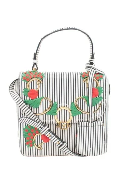 Navy and white stripe leather bag with gold-tone ornament and leather floral applique, comes with detachable cross-body strap