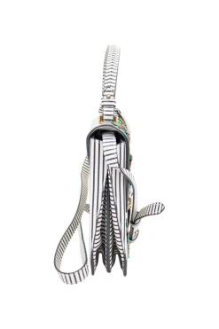 Navy and white stripe leather bag with gold-tone ornament and leather floral applique, comes with detachable cross-body strap