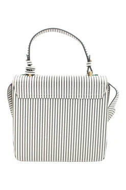 Navy and white stripe leather bag with gold-tone ornament and leather floral applique, comes with detachable cross-body strap