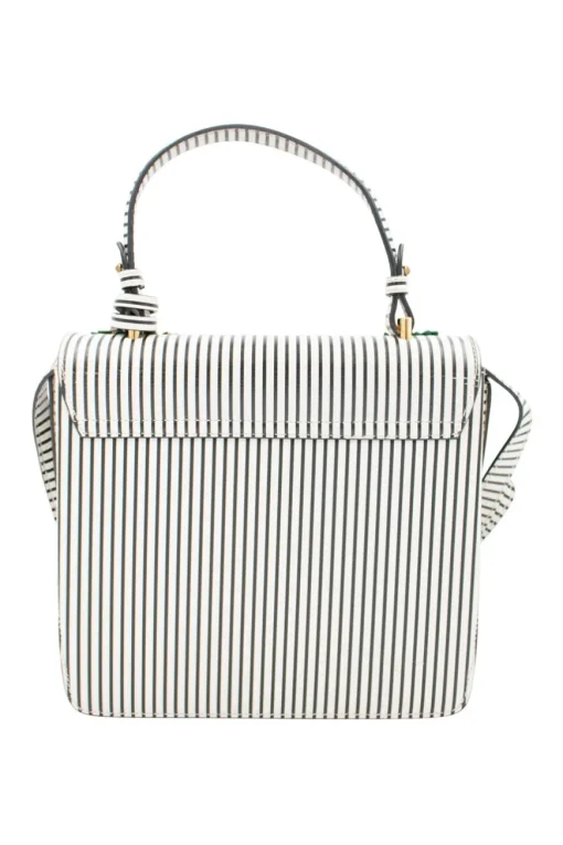 Navy and white stripe leather bag with gold-tone ornament and leather floral applique, comes with detachable cross-body strap