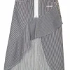 Navy and white striped cotton denim asymmetric ruffled midi skirt