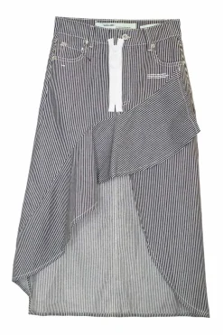 Navy and white striped cotton denim asymmetric ruffled midi skirt