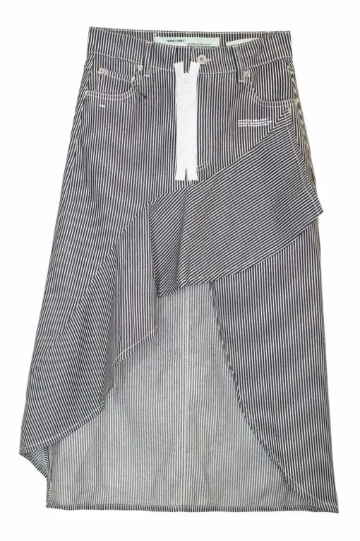 Navy and white striped cotton denim asymmetric ruffled midi skirt