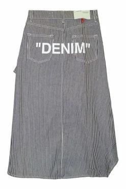 Navy and white striped cotton denim asymmetric ruffled midi skirt