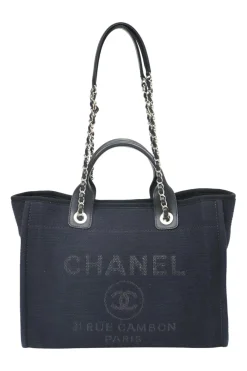 Navy blue lambskin leather-trimmed canvas Small Deauville Tote bag with gold-tone hardware