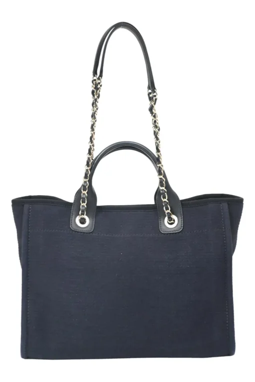 Navy blue lambskin leather-trimmed canvas Small Deauville Tote bag with gold-tone hardware