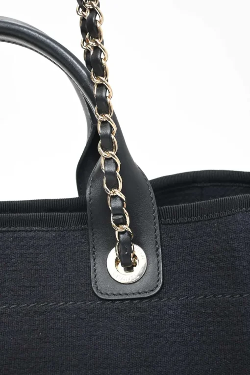 Navy blue lambskin leather-trimmed canvas Small Deauville Tote bag with gold-tone hardware